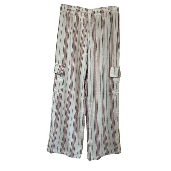 Roxy Linen Blend Cargo Pants M Striped Beachy Relaxed Fit Summer Coastal - Picture 2 of 7